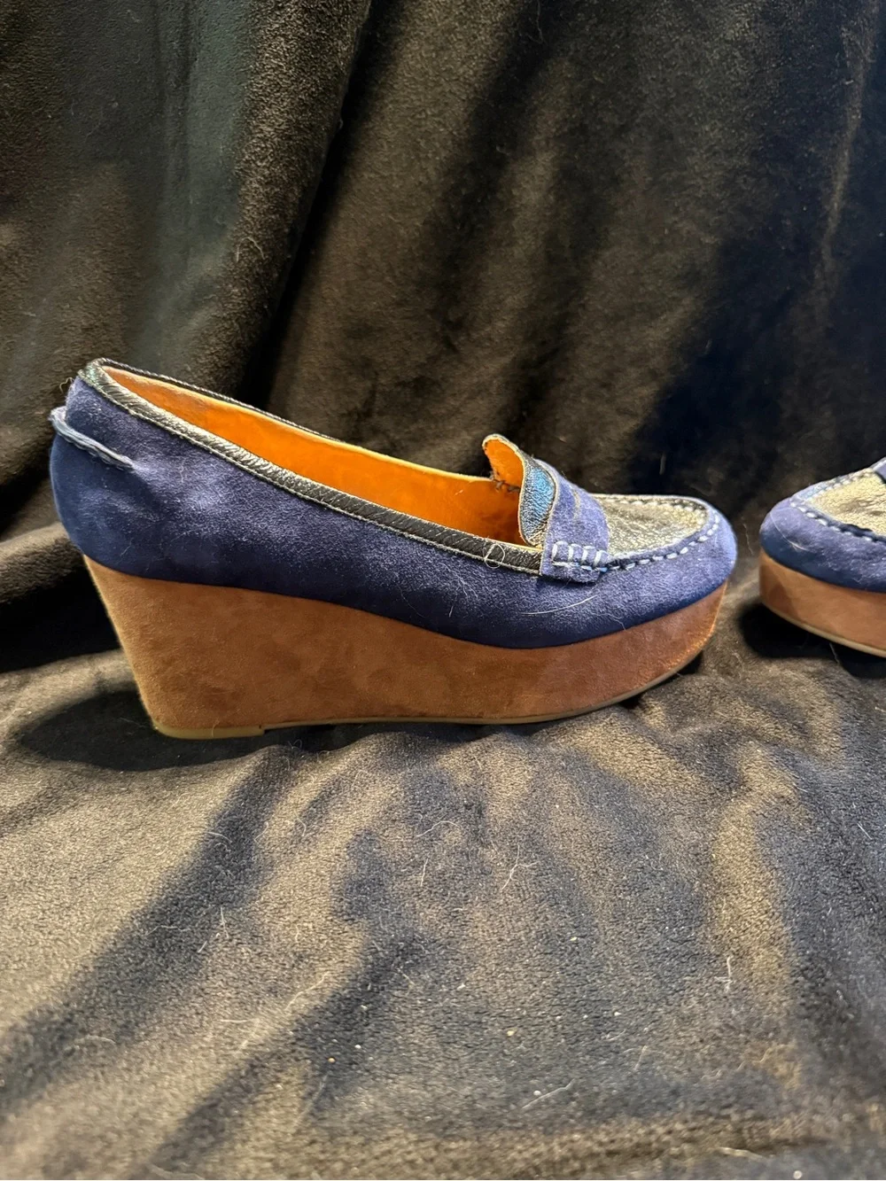 Pilcro and the Letterpress Navy Blue and Black Suede Leather Loafers